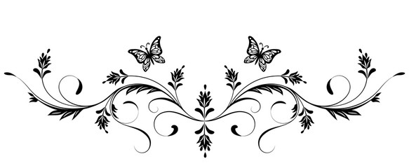 Vintage floral ornament with butterfly for greeting card isolated on white background