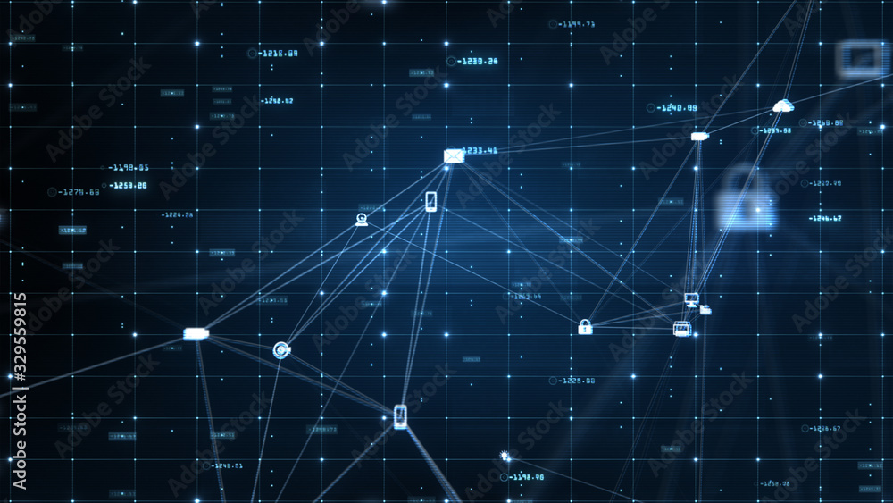 Poster technology network data and social media icons connection, digital network and cyber security backgr