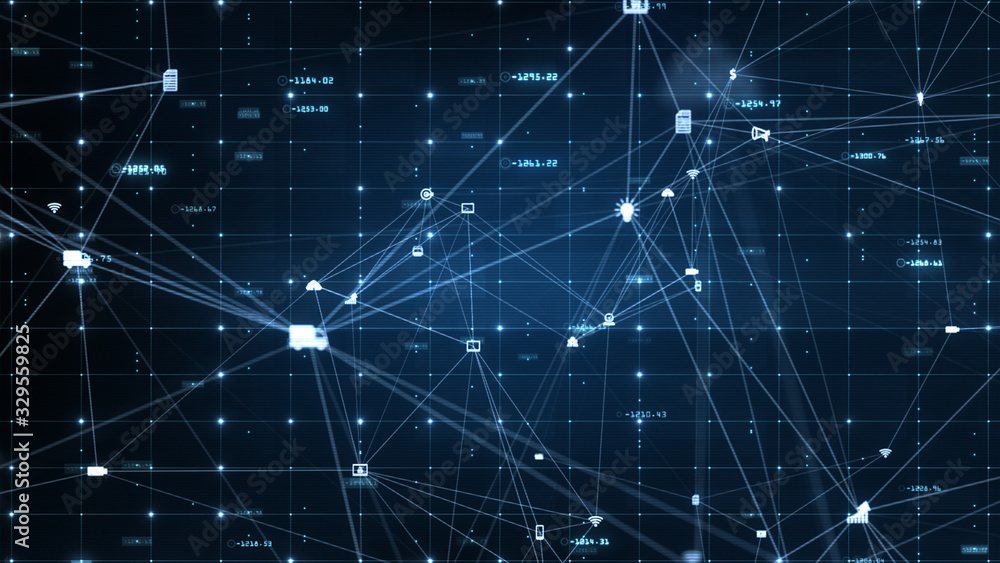 Poster technology network data and social media icons connection, digital network and cyber security backgr