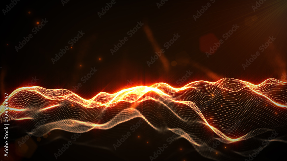 Poster abstract orange color digital particles wave with bokeh and light background