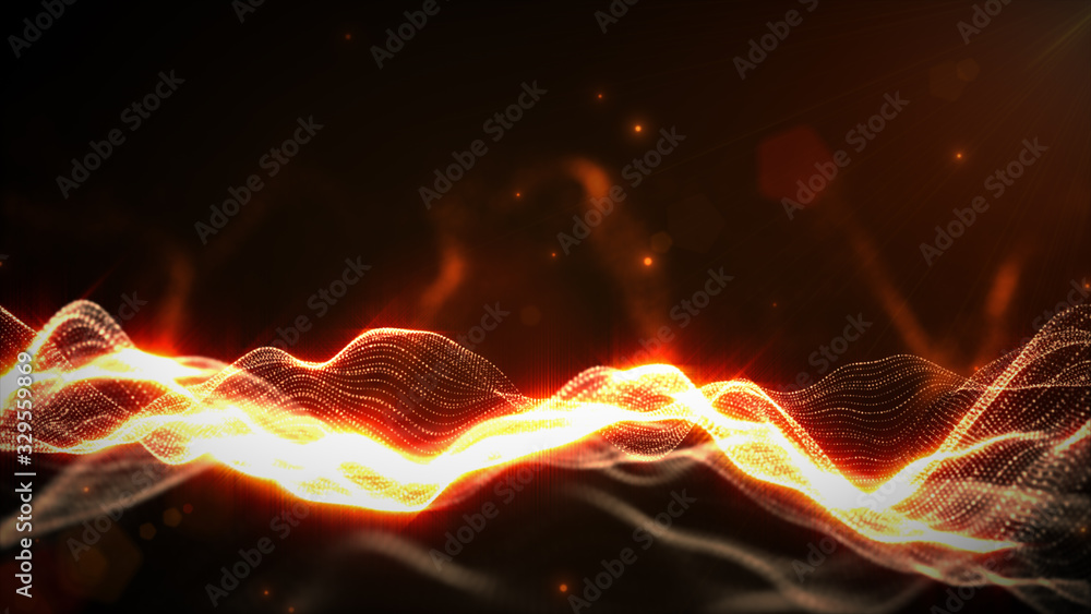 Poster abstract orange color digital particles wave with bokeh and light background