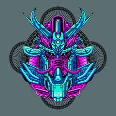 Mecha head samurai with sacred geometry pattern