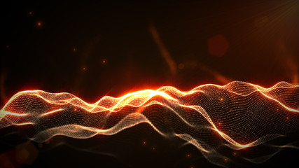 Abstract orange color digital particles wave with bokeh and light background
