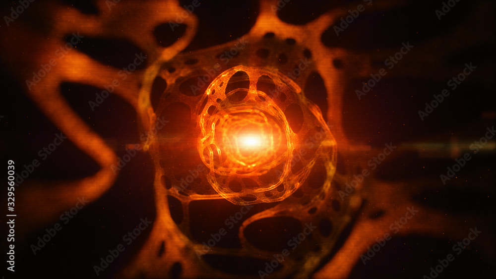 Poster orange color abstract technology tunnel and digital particle flow, digital cyberspace background
