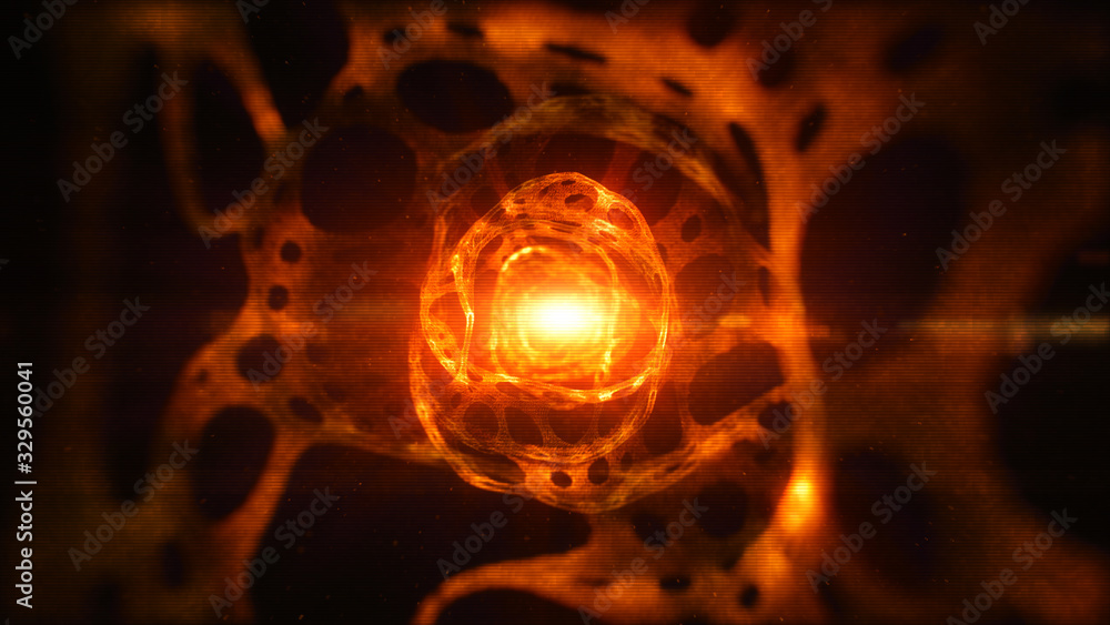 Poster orange color abstract technology tunnel and digital particle flow, digital cyberspace background