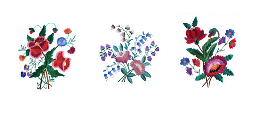 Embroidered three bouquets of flowers. Ukrainian folk hand embroidery. isolated.