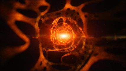 Orange color abstract technology tunnel and Digital particle flow, Digital cyberspace background