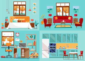 House interior 4 rooms. Inside front views of kitchen, living room, bedroom, nursery. Furnishing interior home rooms. Interior view for furnishing concept. Flat cartoon style illustration