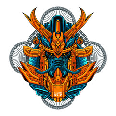 Mecha head samurai with sacred geometry pattern