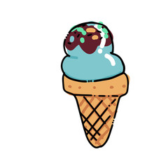 Ice Cream in waffle cone Sketch. Hand drawn cartoon isolated illustration on a white background. Sweet delicious cold dessert food, snack. Stylized drawing cartoon Line art. Doodle.