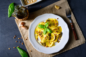 Vegetariano italiano! Tortelli with roasted pine nuts and pesto basilico