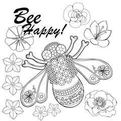 Adult Coloring Book page. Bee with diamonds and flowers. Stress Relieving. Be happy. 