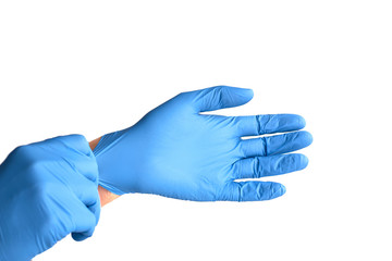 Hands wearing blue medical latex gloves Protection against flu, virus and coronavirus. Health care and surgical concept