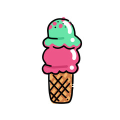 Double Ice Cream in waffle cone Sketch. Hand drawn cartoon isolated illustration on a white background. Sweet delicious cold dessert food, snack. Stylized drawing cartoon Line art. Doodle.