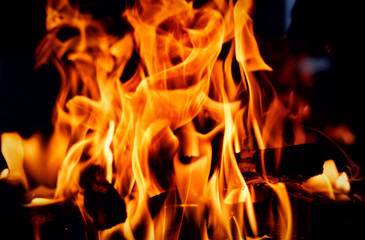 Flame of burning firewood in a fireplace on a black background.