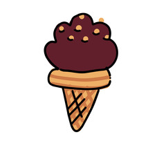 Chocolate Ice Cream in waffle cone Sketch. Hand drawn cartoon isolated illustration on a white background. Sweet delicious cold dessert food, snack. Stylized drawing cartoon Line art. Doodle.