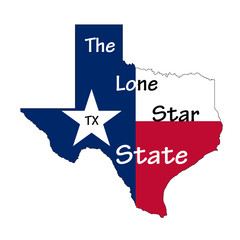 Flag map of Texas state, with "The Lone Star State" text inside the shape