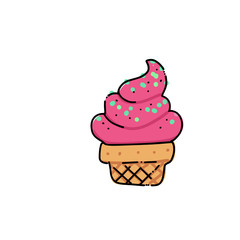 Pink Ice Cream in waffle cone Sketch. Hand drawn cartoon isolated illustration on a white background. Sweet delicious cold dessert food, snack. Stylized drawing cartoon Line art. Doodle.
