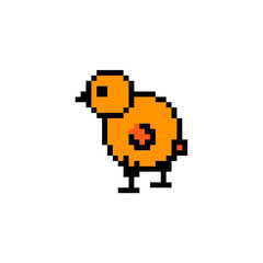 Obraz premium Pixel art cute chicken isolated on white background. Funny yellow cartoon chicken, poultry, farm animals . Vector illustration