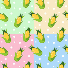 Seamless pattern with yellow corn and leaves on pastel green background. Vector illustration.	