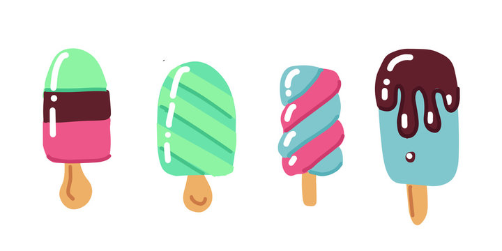 Flat hand drawn art icecream illustration set. Dessert food. Set of various simple ice cream bright color sketches: chocolate glaze, striped, layered popsicle. drawinf on white background