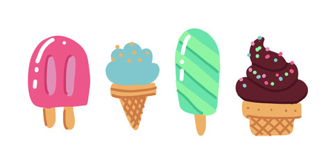Flat hand drawn art icecream icons set. Dessert food. Set of various types simple ice cream bright color sketches: in waffle cup, popsicle. scribble illustration isolated on white background