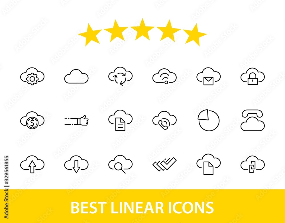 Poster set of cloud vector line icon. it contains symbols to upload, download, link and more. editable stro