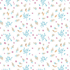 Hand drawn doodle leaves, brances and flower seamless pattern. Nature background. Spring wrapping paper. outline illustration on white background.