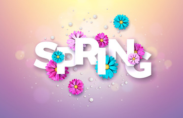 Spring Nature Design with Beautiful Colorful Flower on Shiny Violet Background. Vector Floral Illustration Template with Typography Letter for Banner, Flyer, Invitation, Poster or Greeting Card.