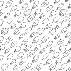 Ice cream Hand Drawn Pattern. Drawing Sundae, Sorbet, Lolly. Summer Seamless Background. Sketch Icons of Icecream. Handdrawn black and white Illustration in doodle style.