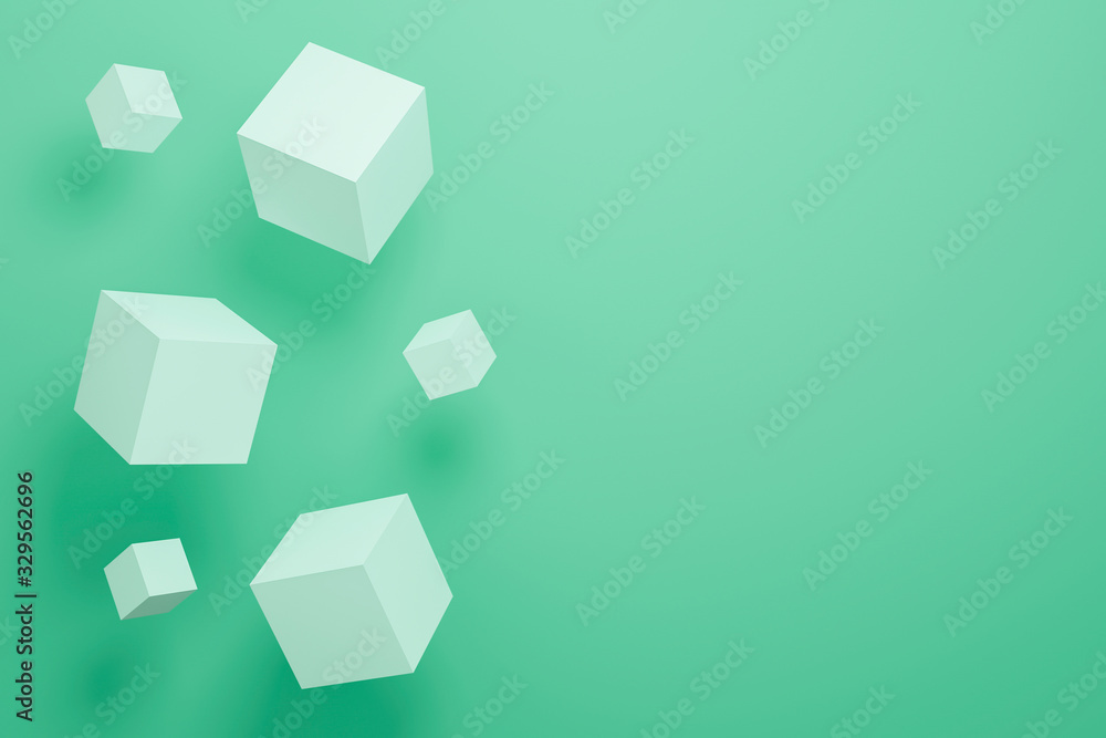 Poster abstract 3d white cube boxes on green texture with geometric shapes podium. art 3d cubes background 