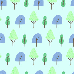 Blue green trees seamless vector repeat pattern background. Great for children's products, parties, bedding, clothing, stationery, sleepwear