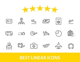 Set of Airport Related Vector Line Icons. Contains such Icons as Globe, Departure, Plane, Bus, Tickets, Baggage Claim, Calendar, Kit and more. Editable Stroke. 32x32 Pixels.