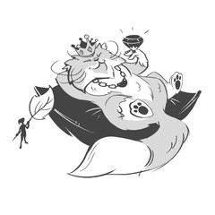 Cute lazy cat lies on a pillow. Black and white illustration.