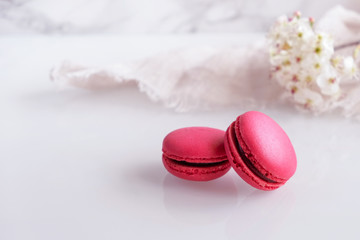 Strawberry macarons with roses on white background