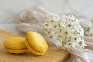 Fototapeta na wymiar Lemon macarons with white flowers on white background