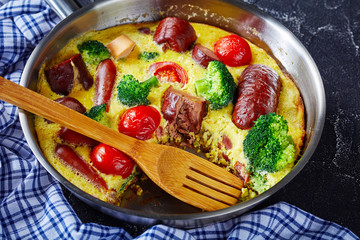 hot frittata with sausage in a frying pan