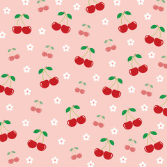 Fruit pattern.Cute cherry with white flower blossom isolated on pink background. Design for print or screen backdrop, Fabric and tile wallpaper.Cartoon fruits.Vector. Illustration.