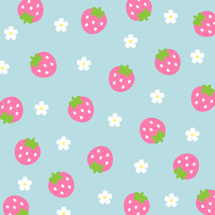 Seamless fruit pattern.Cute fresh strawberry with cherry flower blossom isolated on blue background.