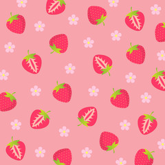 Seamless fruit pattern.Cute fresh strawberry with cherry flower blossom isolated on pink background.