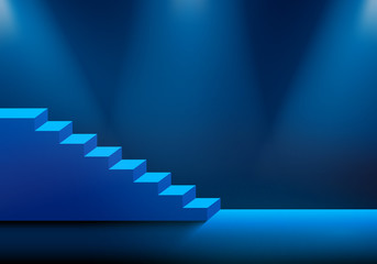 Dark 3D illustration. Blue flight of stairs illuminated with reflector lights. Copy space for the text.