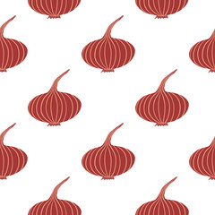 Simple geometric onion seamless pattern. Organic texture. Doodle onion bulb vegetable wallpaper.