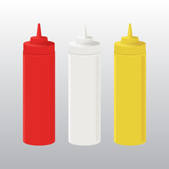 Vector Set of Blank Plastic White Red Yellow Mayonnaise Mustard Ketchup Bottle for Branding without label Isolated on Background