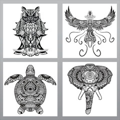 pack of animal mandala, owl mandala design, phoenix mandala design, turtle mandala design, elephant mandala design, set of 4 circular pattern animal, high detail mandala animal pattern