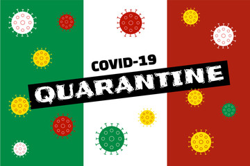 Quarantine in Italy. COVID-19 alert banner with Italy national flag and virus spreading around it. 2019 Novel Coronavirus concept, for an outbreak occurs in Wuhan, China.