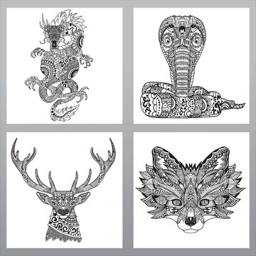 pack of animal mandala, dragon mandala design, cobra mandala design, deer mandala design, fox mandala design, set of 4 circular pattern animal, high detail mandala animal pattern