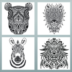 pack of animal mandala, rhino mandala design, lion mandala design, zebra mandala design, wolf mandala design, set of 4 circular pattern animal, high detail mandala animal pattern