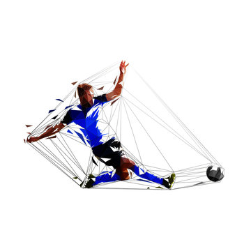 Soccer player kicking ball, liw polygonal vector illustration, footballer