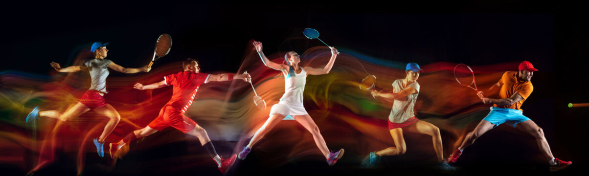 Creative collage of 4 sportsmen in mixed and neon light on black background. Flyer for advertising or proposal. Motion, action, sport, reaching target concept. Tennis and badminton players in jump.