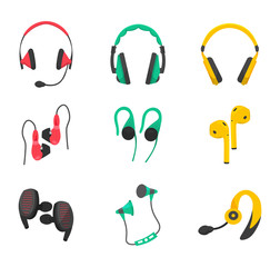 Set of headphones flat vector illustration isolated on white background. Full-size headphones, vacuum, wired and wireless, gaming headset